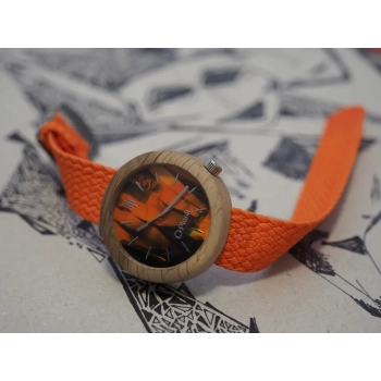 Zegarek drewniany Plank Bestla w soczystych odcieniach pomarańczu złamanych delikatną czernią