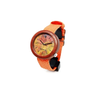 Zegarek drewniany Plank Temisto w delikatnych pastelowych barwach pomarańczowych i czerwonych