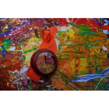 Zegarek drewniany Plank Temisto w delikatnych pastelowych barwach pomarańczowych i czerwonych