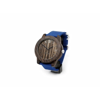 Zegarek drewniany Plank Barnim w kolorach Wenge (obudowa) / Wenge (tarcza zegarka) / Niebieski materiałowy pasek